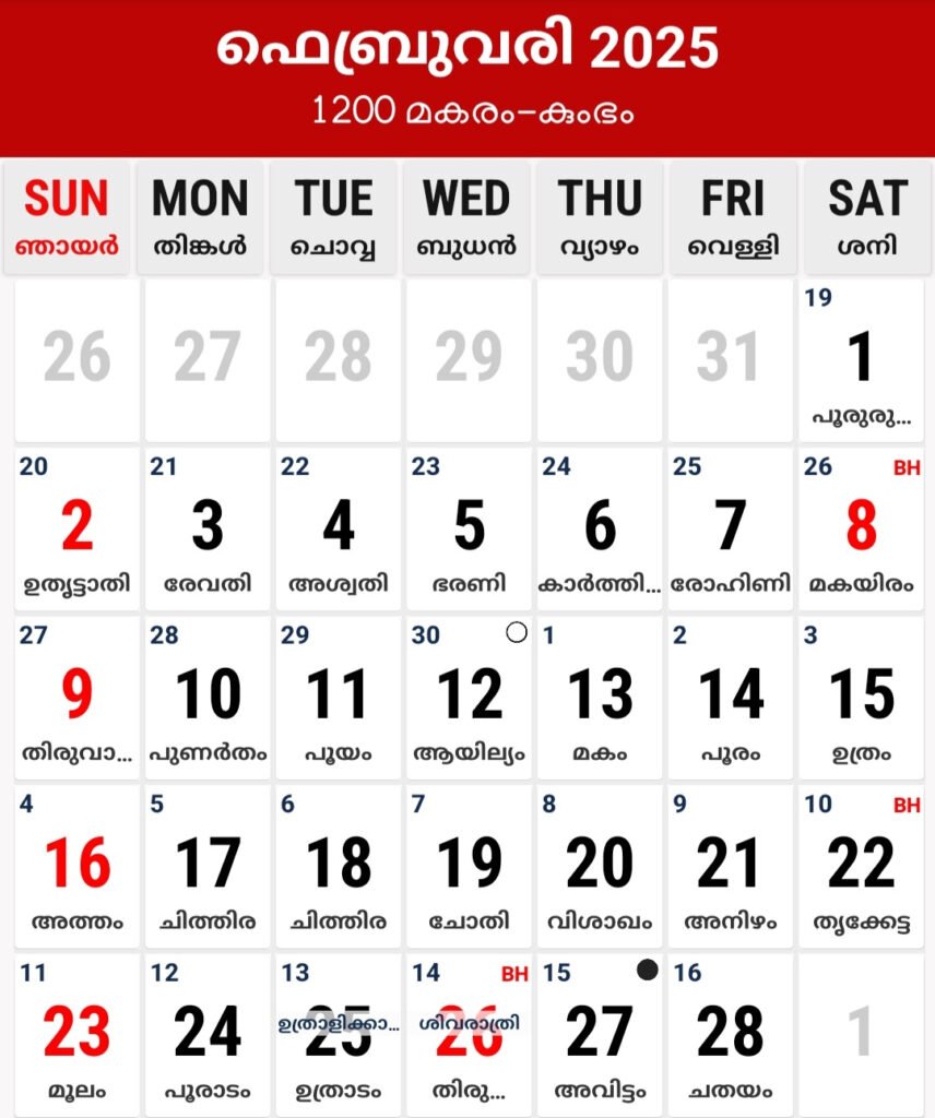 February 2025 Malayalam Calendar