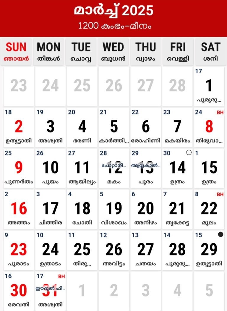 March 2025 Malayalam Calendar മലയാളം കലണ്ടർ Pdf