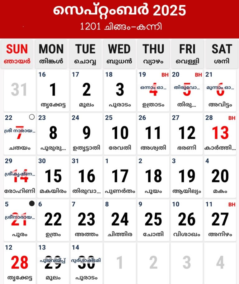 Malayalam Calendar 2025 മലയാളം കലണ്ടർ Pdf